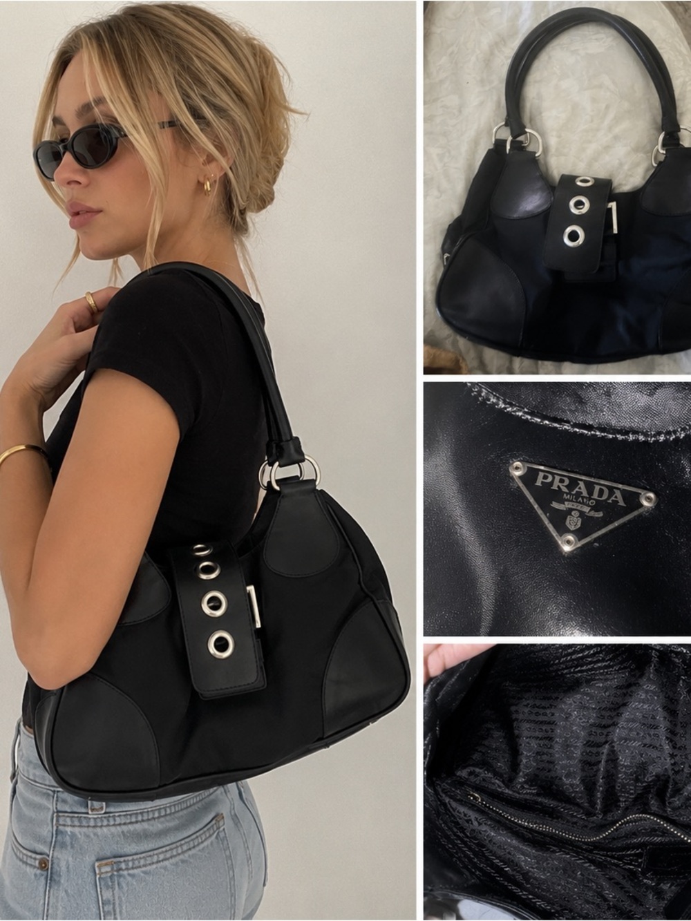 Prada Tessuto Nylon Moon Shoulder Bag Black Leather Trim Silver Hardware Y2K